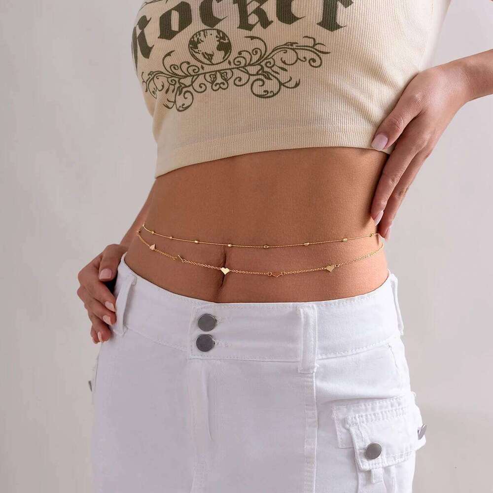 IngeSight.Z 2pcs/set Sexy Heart Copper Beads Belly Waist Women Punk Gold Color Metal Link Chain Body Jewelry H260228