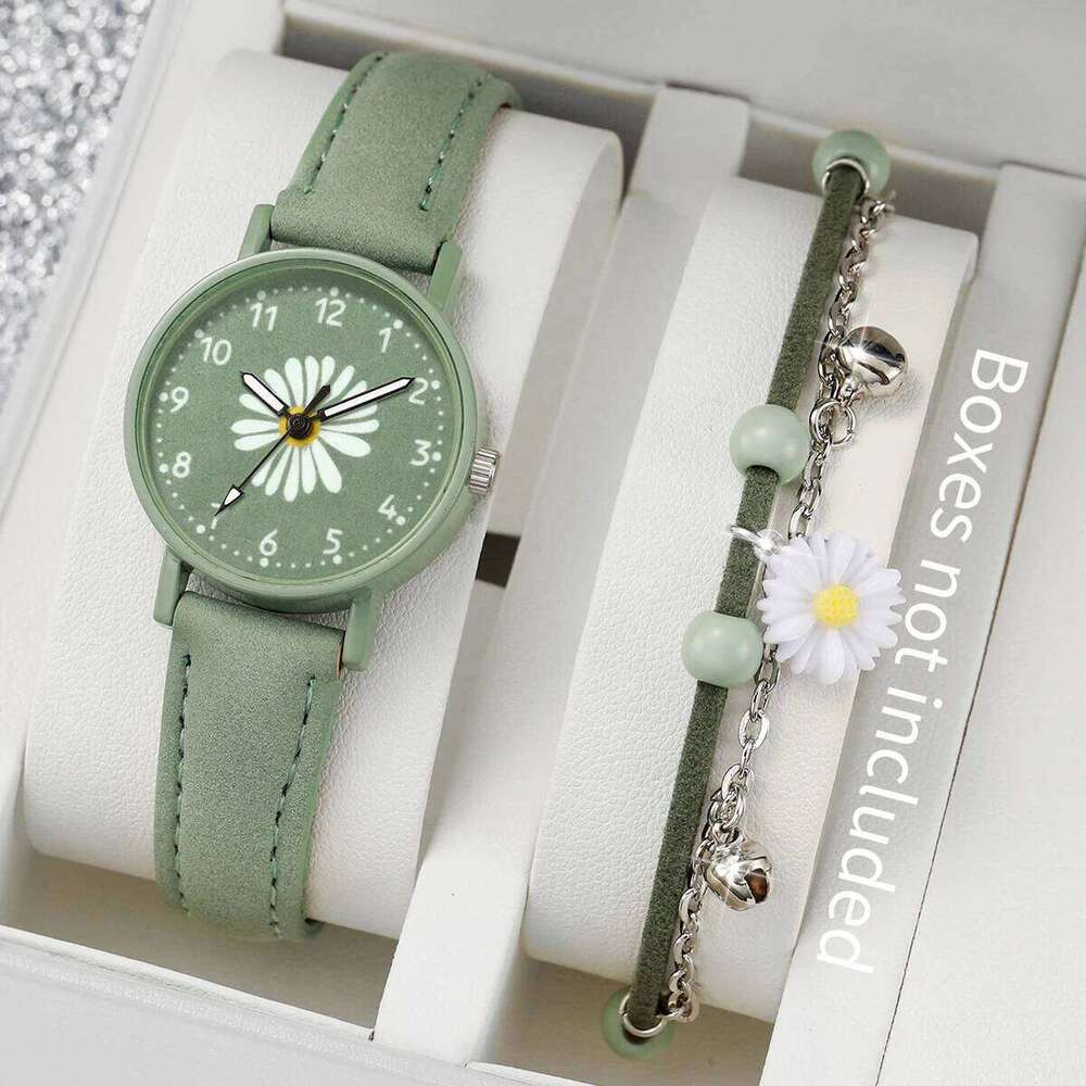 2PCS/Set Fashion Flower Dial Women's Casual Leather Band Quartz es s SetWithout Box H260228