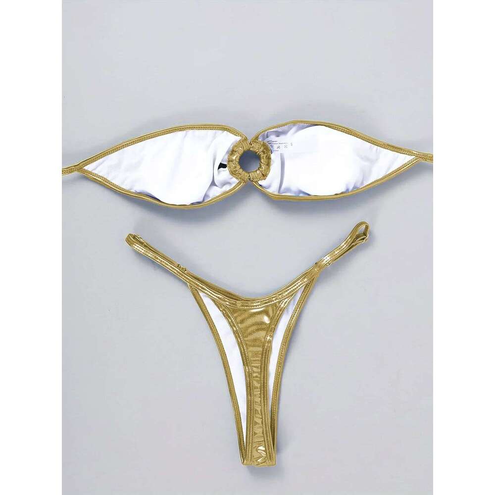 Sexy Bandeau Bikini 2025 Women Gold Black Metal Ring Linked Hollow Out Push Up Micro Swimsuit Shiny Bathing Suit Thong Swimwear Z260301