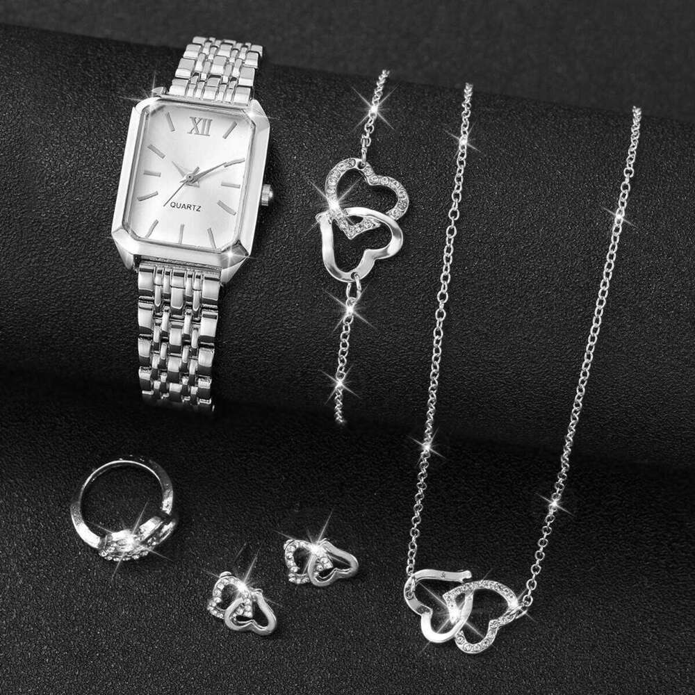 6PCS Fashion Rectangle Women es Heart Jewelry Set Ladies Quartz Wristes Reloj Mujer Girls Clock Gift Without Box H260228
