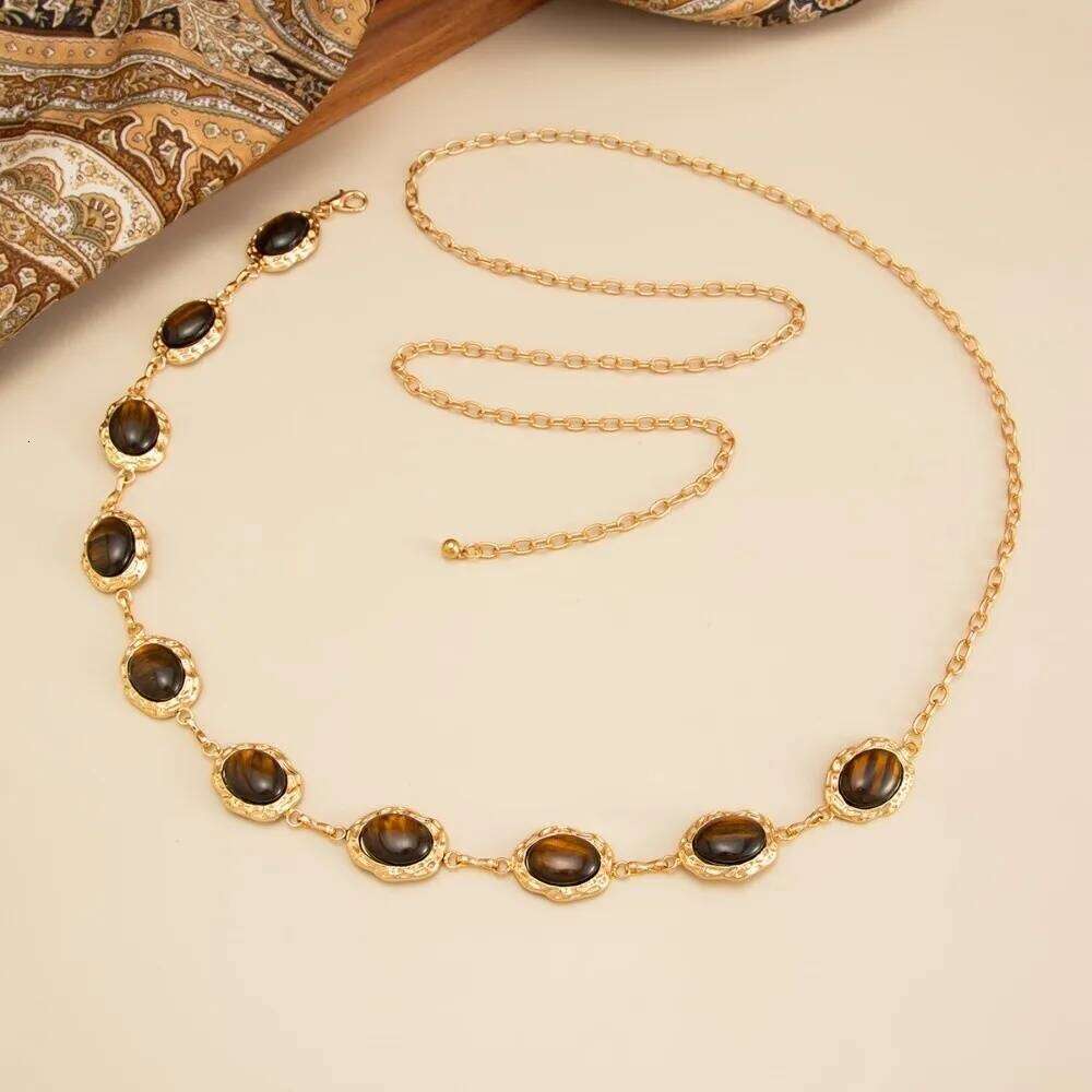 New Retro Resin Cat Eye Gemstone Metal Adjustable Temperament Waist Belt Body Chain For Women H260228