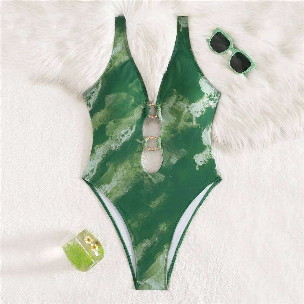 Green Tie Dye Print Sexy Swimsuit One Piece Metal Ring Swimwear Women 2025 Hollow Out Monokini High Leg Cut Bathing Swim Suit Z260301