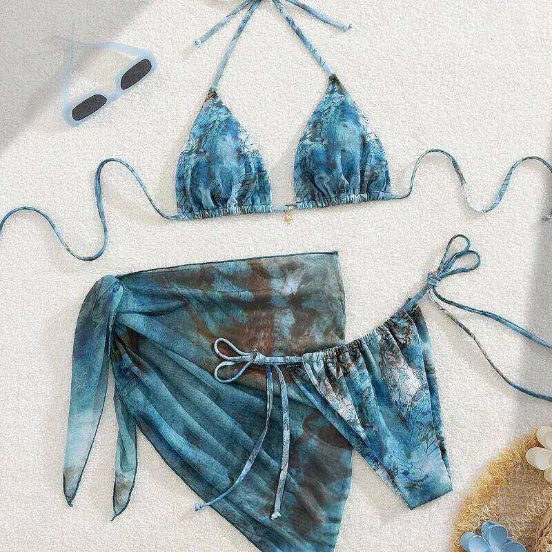 New Women's Retro Floral Print Apron Style Bikini Set 3 Piece High Waisted Tie Side Swimsuit Beach Vacation Swimsuit Biquine Z260301