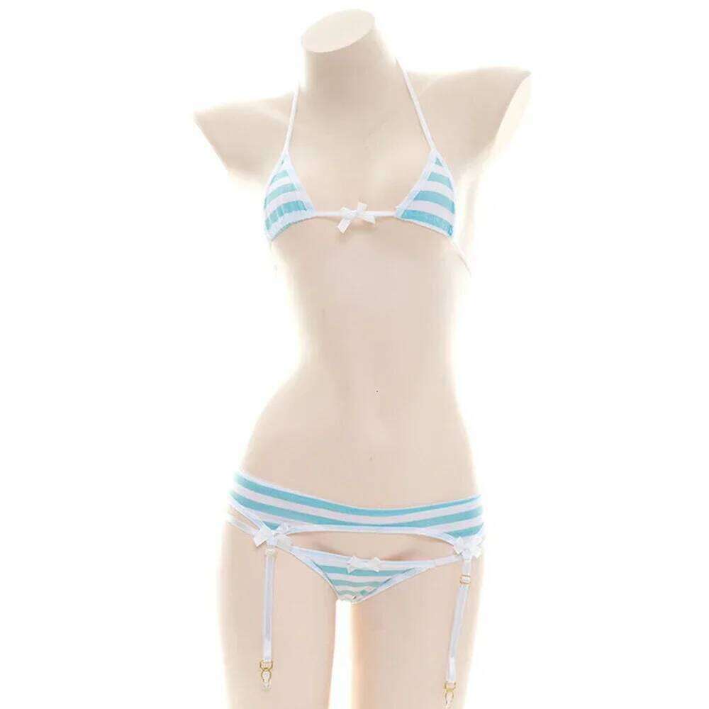 Sexy Bikini Set Women Strap Underwear Stripe Cute Lingerie Micro-Bikinis Swimwear Japanese Schoolgirl Anime Cosplay Z260301
