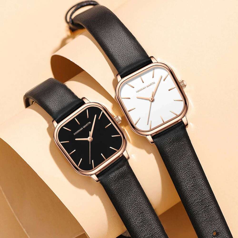 Hannah Martin Square Women Fashion Rose Gold Leather Minimalist Style Girls Clock Quartz Movement Casual Waterproof H260228