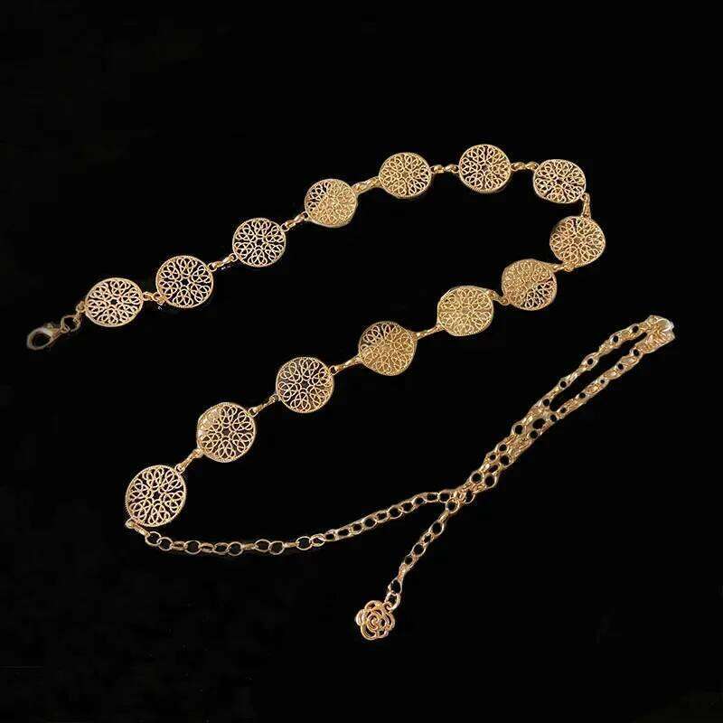Elegant Round Metal Belt For Women Retro Gold Silver Carved Hollow Out Chain Long Belts Fashion Dress Decorative Lady Waistband H260228