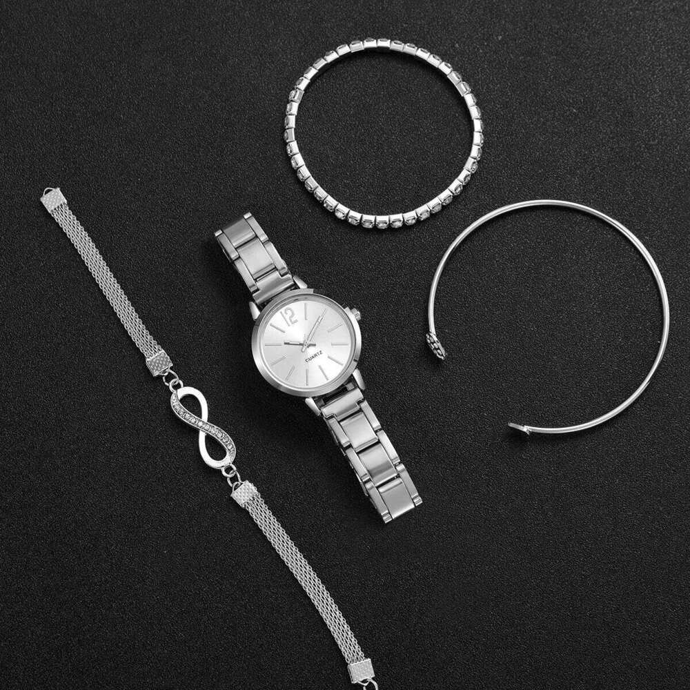4PCS Fashion Women's Silver Steel Band Ladies Quartz es Rhinestone Bangles SetWithout Box H260228