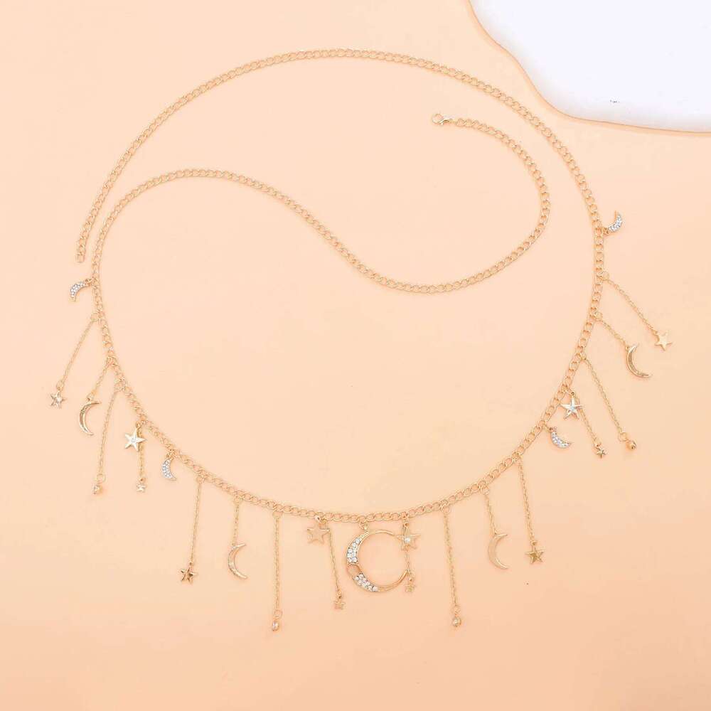 New Fashion Moon Star Rhinestone Tassel Pendant Waist Belly Chains Summer Beach Bikini Dance Party Female Body Jewelry Gift H260228