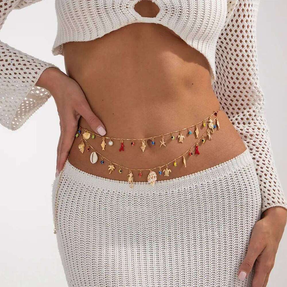 Ingemark Bohemian Conch Seahorse Starfish Pendant Waist For Women Summer Beach Vacation Bikini Body Chain Charm Jewelry H260228