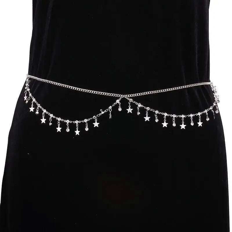 Shiny Rhinestone Tassels Multilayer Belly Waist Chain for Women Sexy Star Cross Belt Aesthetic Summer Beach Body Jewelry H260228