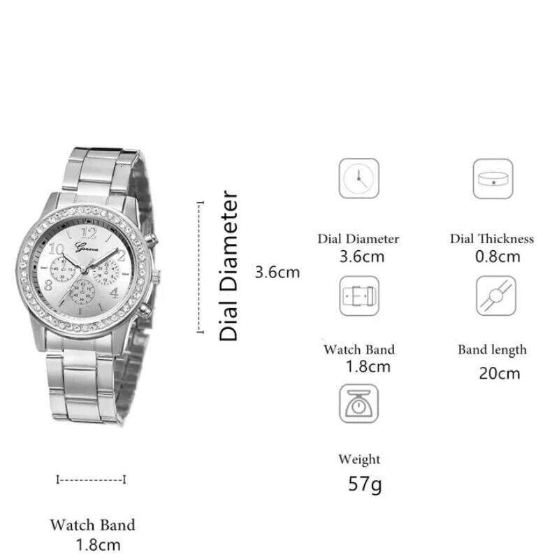 Women Quartz with Diamonds Simple Stainless Steel Strap Clock Ring Necklace Earrings Rhinestone Set Reloj no Box H260228