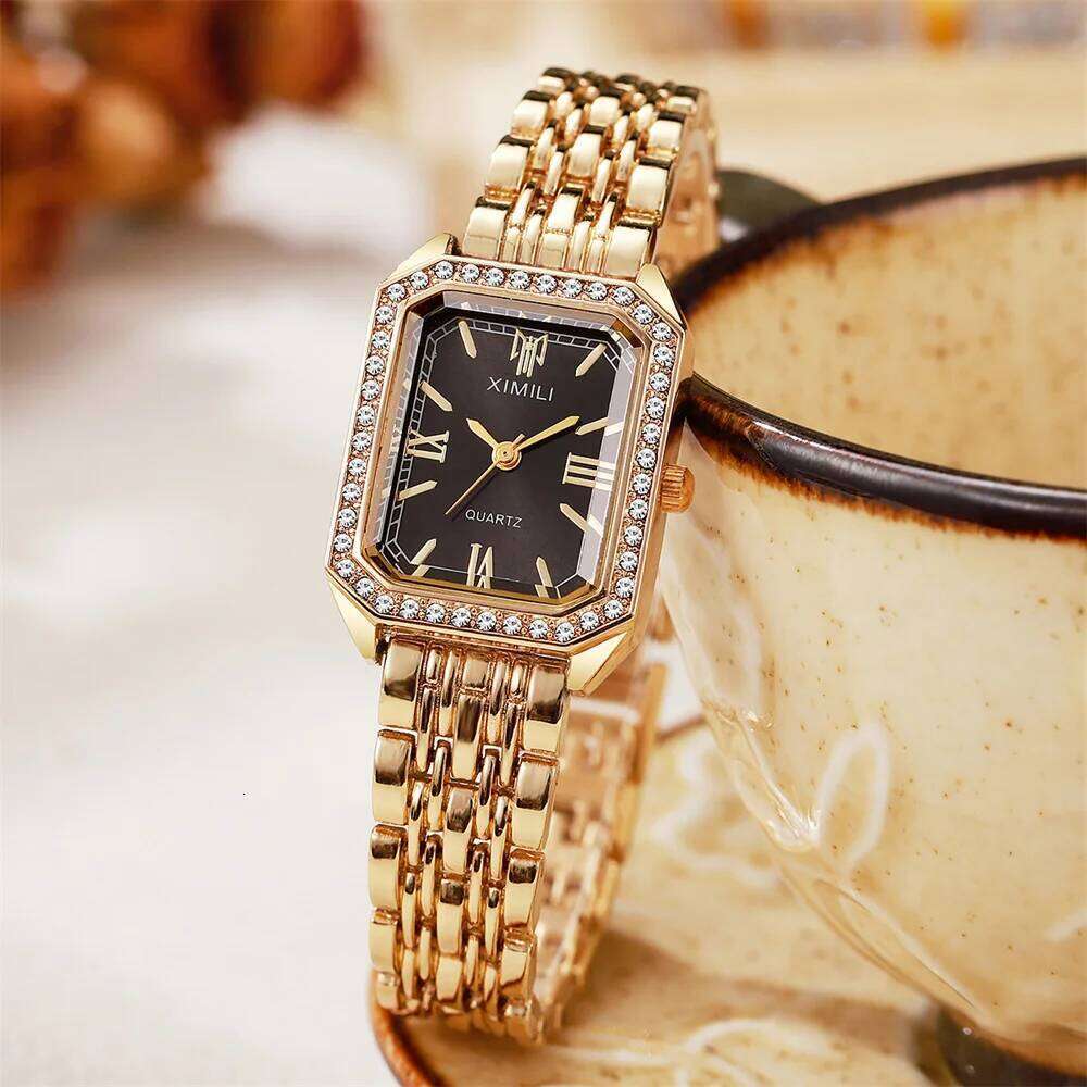 Luxury Gold Simple Diamonds Ladies Quartz Casual Stainless Steel Women Fashion Gift Dress es H260228