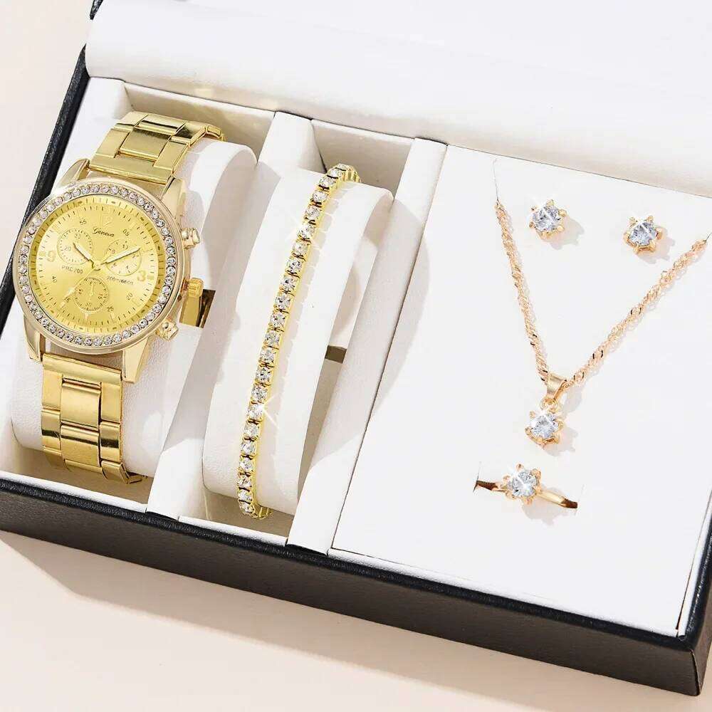 Women Quartz with Diamonds Simple Stainless Steel Strap Clock Ring Necklace Earrings Rhinestone Set Reloj no Box H260228