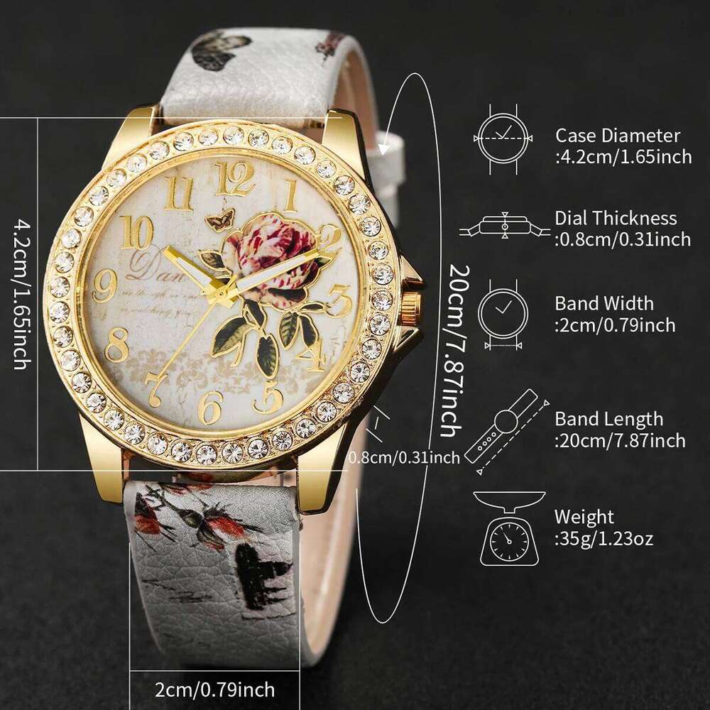 5PCS Fashion Flower Printed Women es Beads Set Ladies Leather Band Quartz Wrist Reloj Hombre Without Box H260228