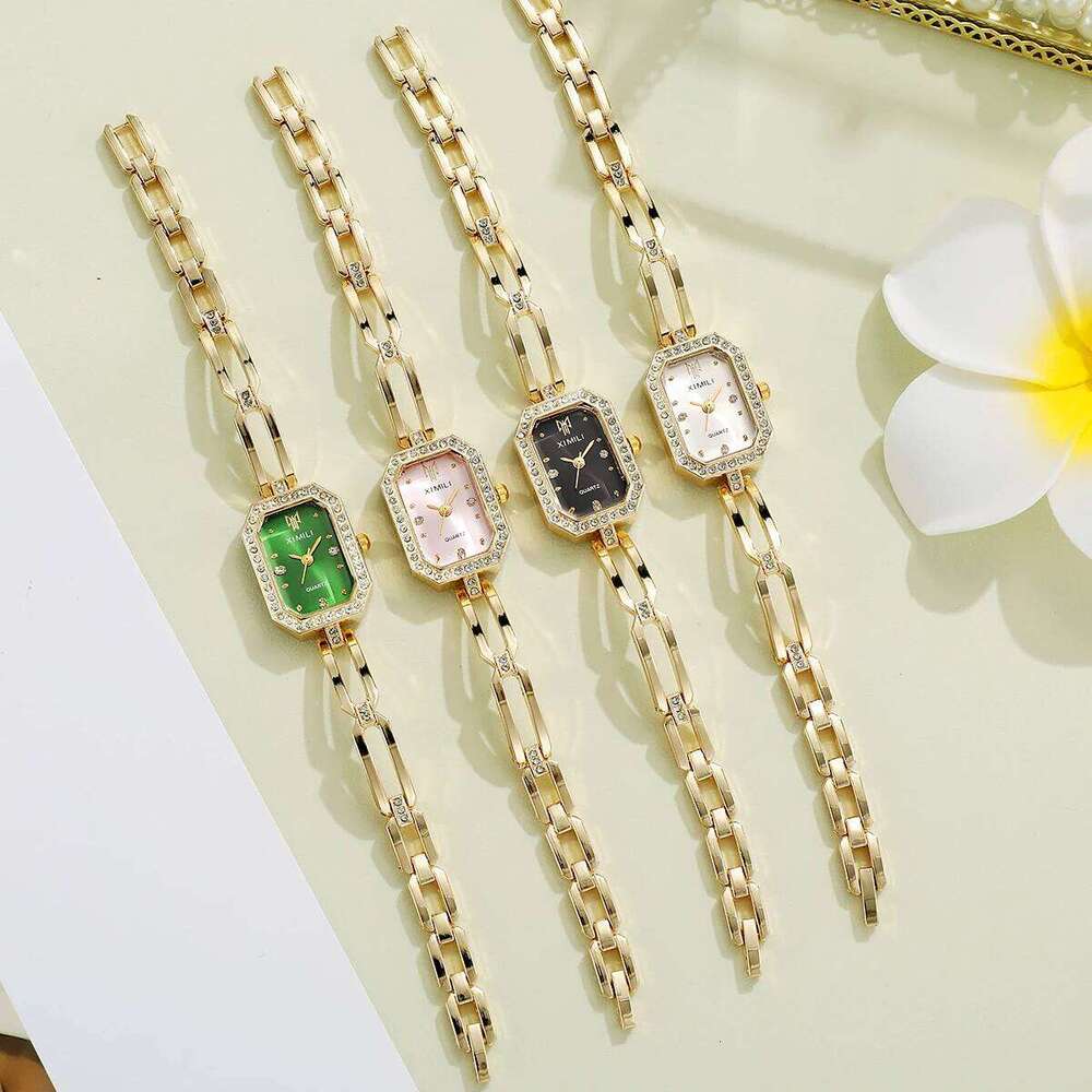 Fashion es Simple Gold Small Dial Rhinestone Quartz Woman Elegant Dress Ladie Wrist Clock H260228