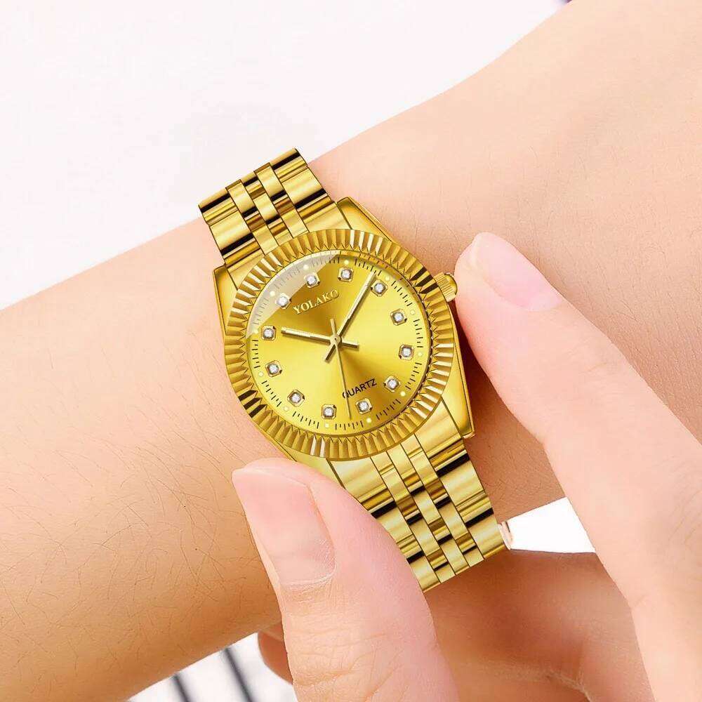 es for Women Simple Casual Student Fashion Quartz Diamond-Encrusted Steel Band Calendar Gold Set Men's Couple H260228