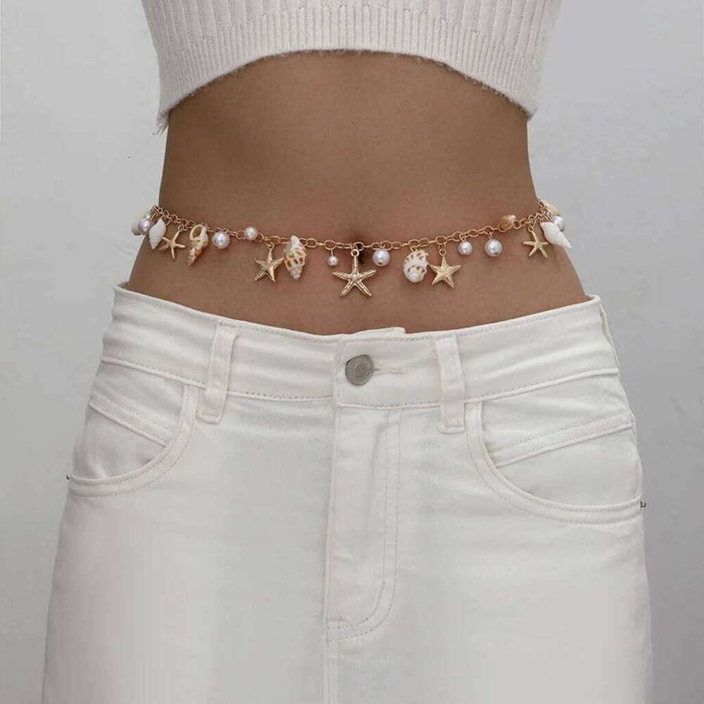 Bohemian Summer Beach Shell Chain, Imitation Pearl Starfish Conch Jewelry,Seaside Waist Accessory for Women H260228