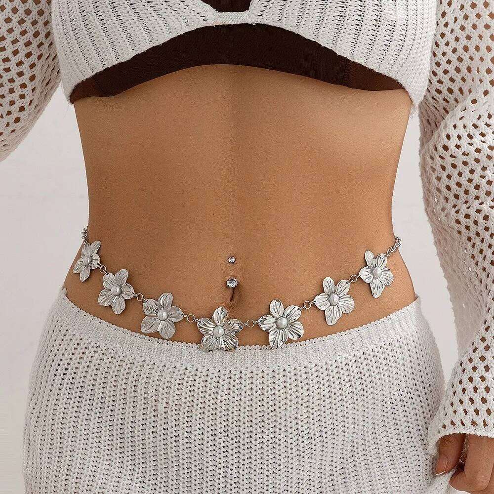 European American Fashion Minimalist Faux Pearl Metal Flower Pendant Waist Personalized Versatile Women's Body Chain H260228