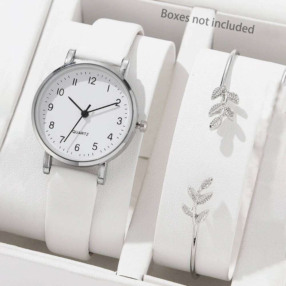 Simple Women's 2Pcs White Dial Leather Strap Quartz Wristes Set Casual Ladies es Clock Gift H260228