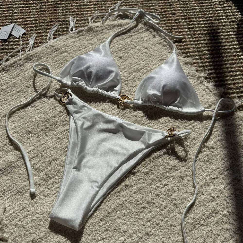 Solid Orange Swimwear Metal Ring String Halter Triangle Micro Bikini Thong Sexy Swimsuit Women 2026 Bathing Suit Bikinis Sets Z260301