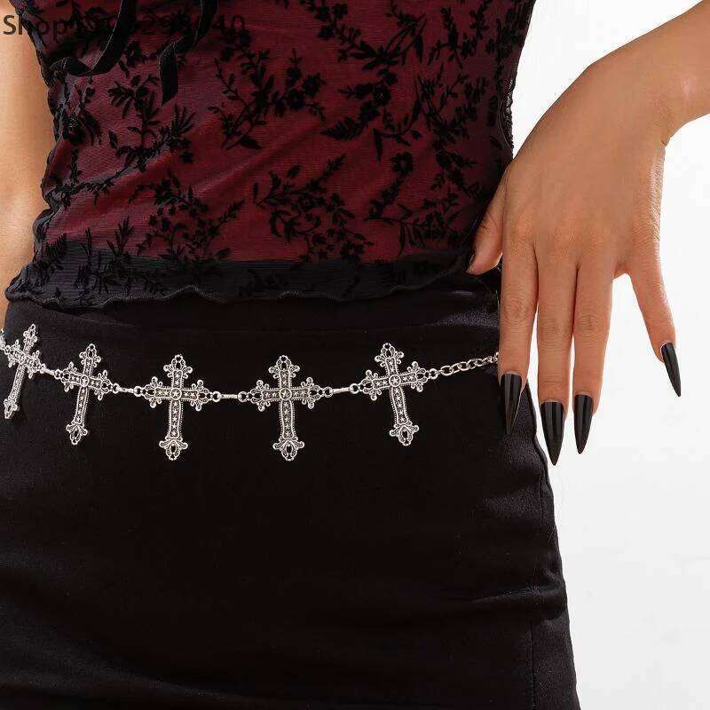 Adjustable Gothic Cross Y2K Waist Chain Silver Metal Vintage Belt For Women, Fashion Body Jewelry H260228