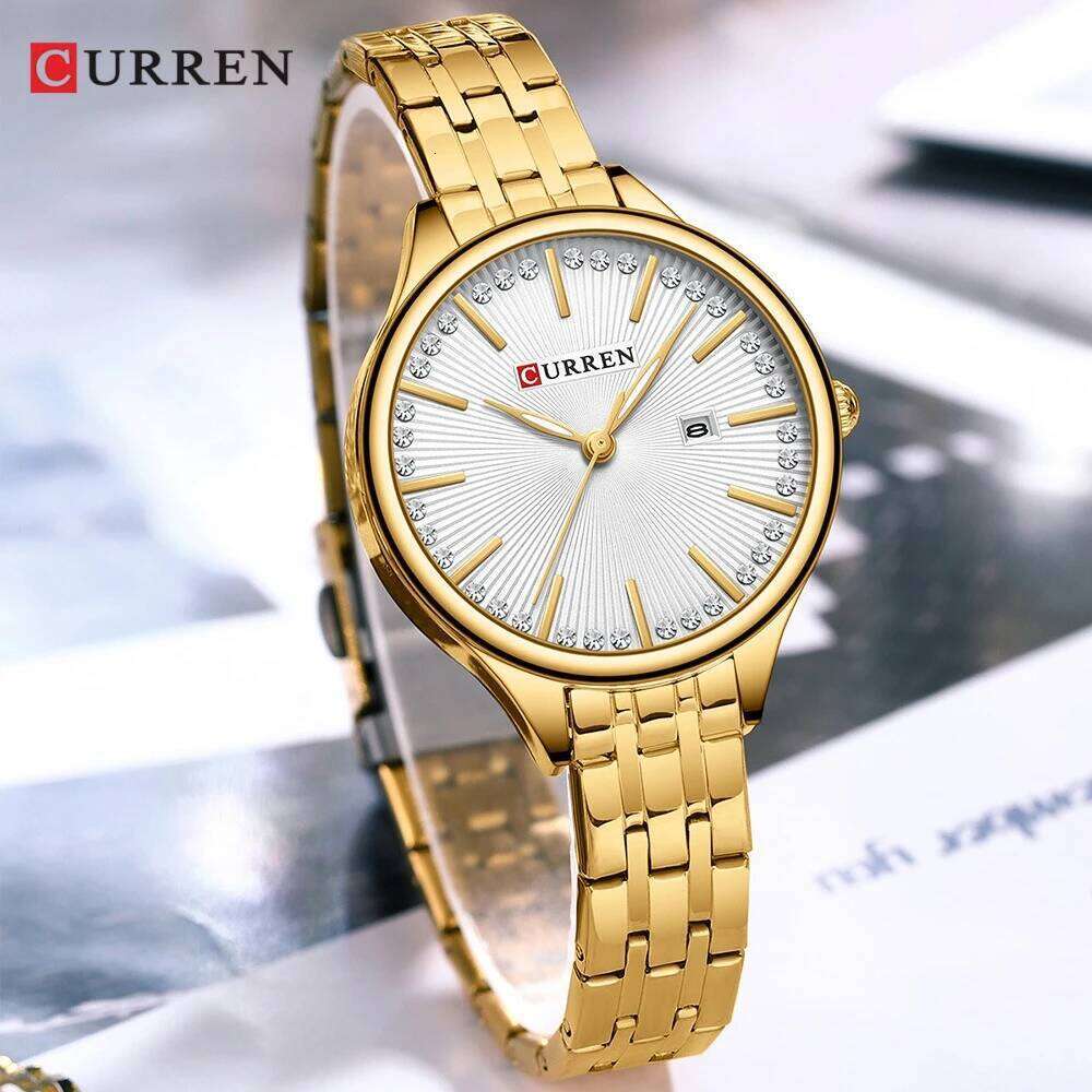 Curren 9099 Fashion Steel Belt Diamond Inlaid Quartz Waterproof Calendar Women's Relogio Feminino H260228