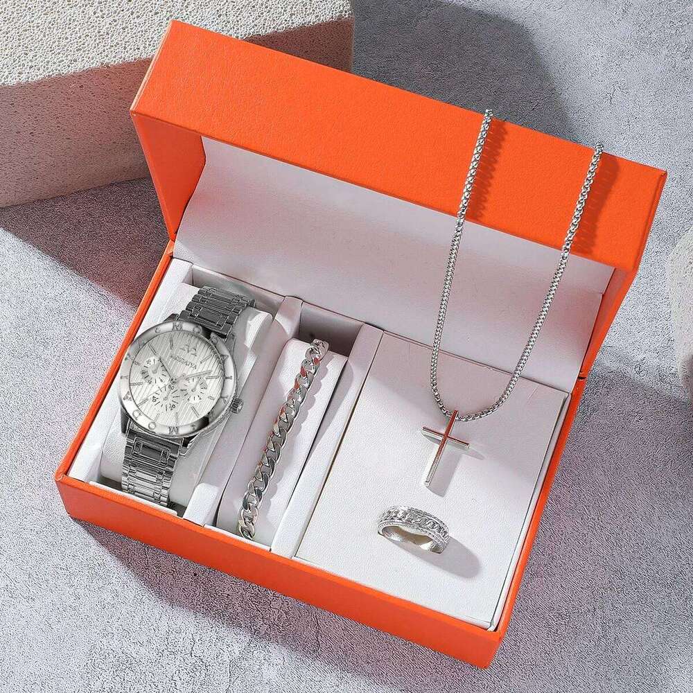 Fashion Light Trendy Round Dial Alloy Strap Women Quartz Jewelry 4 Piece Set for Christmas and Thanksgiving Gifts H260228