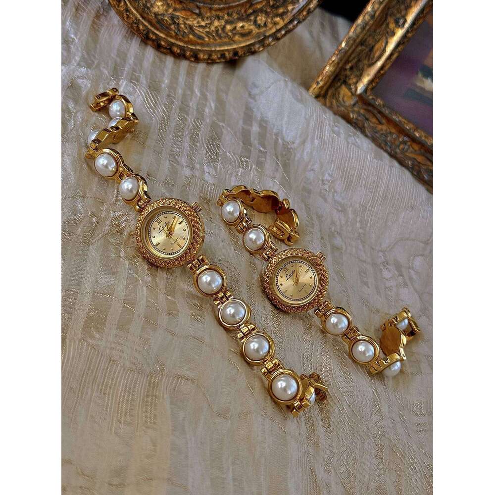 1 Piece of Gold French Fashion Elegant Pearl Strap Palace Retro Bohemian Style 30m Waterproof Round Women's Quartz , Suitable for Daily Wear, H26