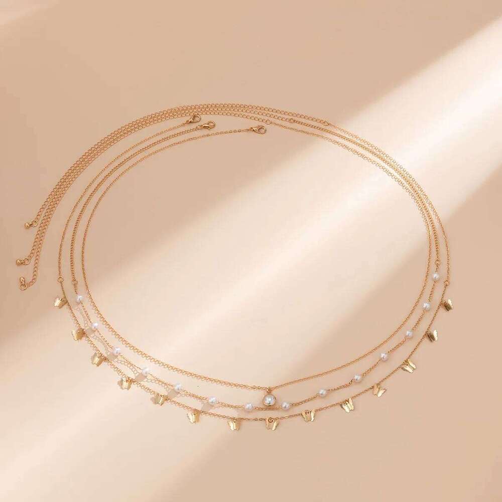 Retro Cute Butterfly Imitation Pearl Tassel Pendant Waist Chain 2025 Multi Layer Sweet Gold Color Metal Girl Fashion Jewelry H260228