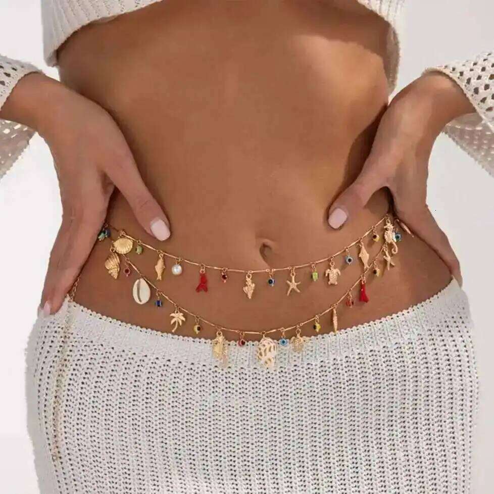 IngeSight.Z Boho Conch Seahorse Starfish Charm Pendant Waist Women 2025 Summer Beach Sexy Bikini Body Belly Chain Jewelry H260228