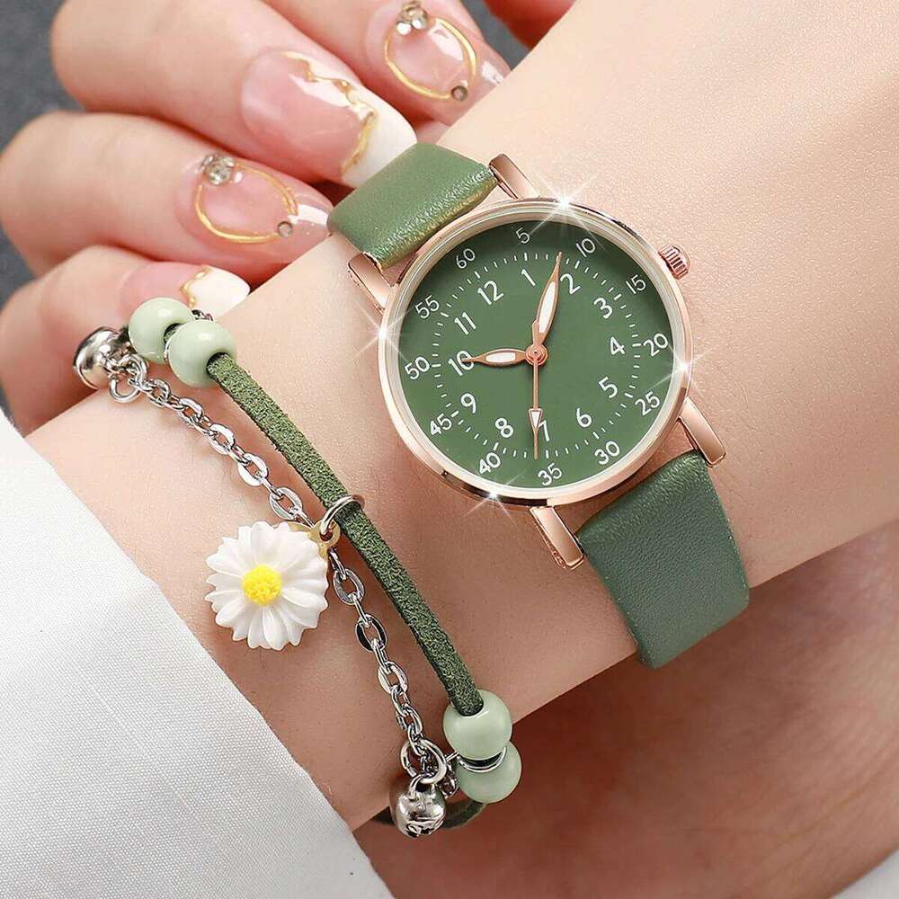 2PCS/Set Fashion Women Set Simple Arabic Dial Leather Strap Quartz es Reloj Mujer Girls Clock Gift H260228