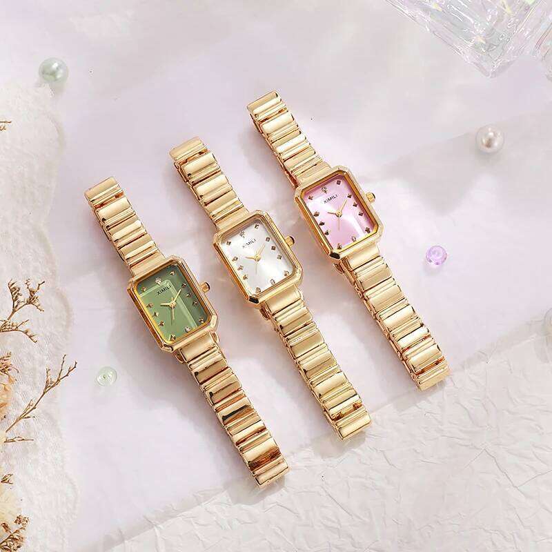 Luxury Women es Fashion Rectangle Gold Plated Ladies Quartz Stainless Steel Folding Clock Relogio Feminino H260228