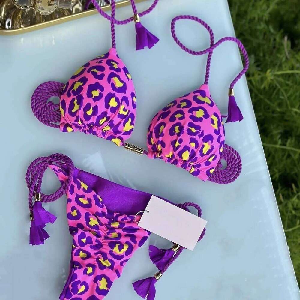 Sexy Leopard Print Bandage Triangle Push Up Tie Bikini Set Summer Beach Outfit Thong Swimsuit Z260301
