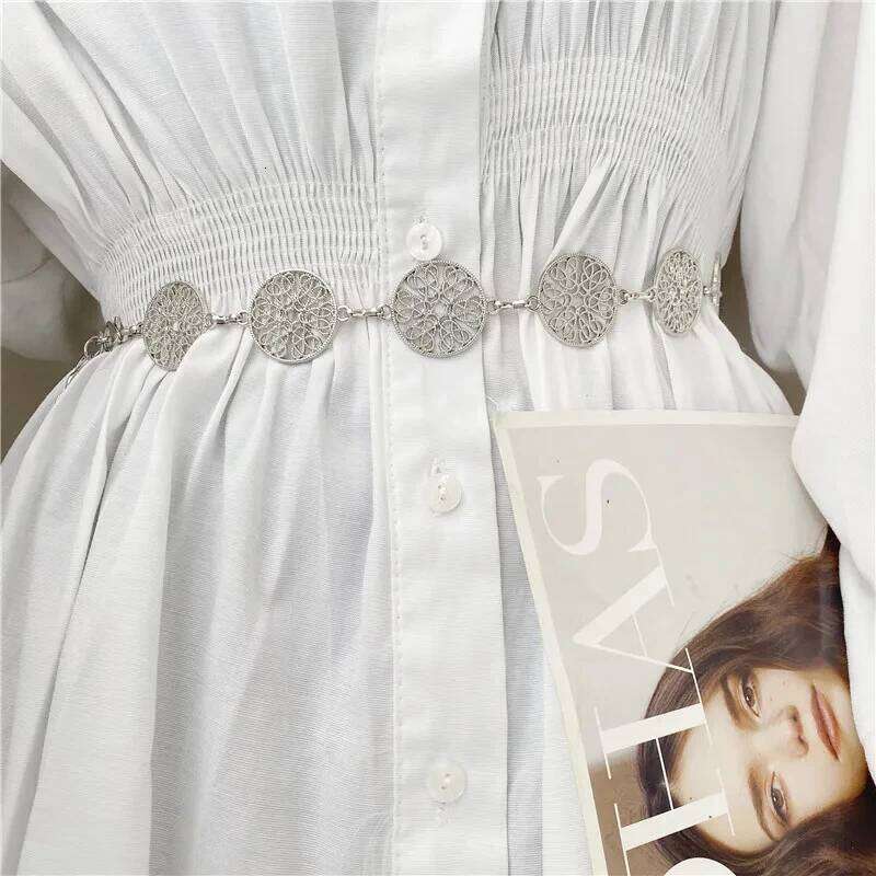 Elegant Round Metal Belt For Women Retro Gold Silver Carved Hollow Out Chain Long Belts Fashion Dress Decorative Lady Waistband H260228