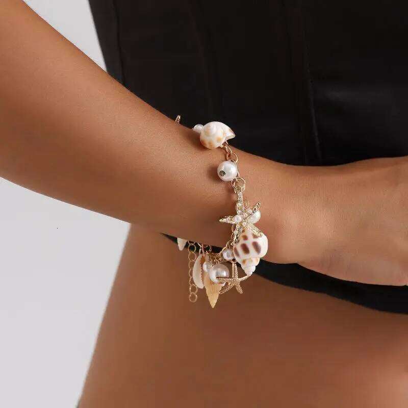 Elegant Bohemian Style Starfish and Conch Pearl Chain Belt, Adjustable, Perfect for Beach Trips, Fashion Gift Item H260228