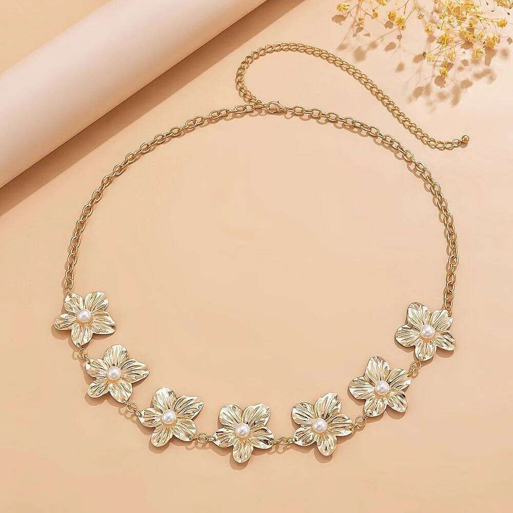 European American Fashion Minimalist Faux Pearl Metal Flower Pendant Waist Personalized Versatile Women's Body Chain H260228