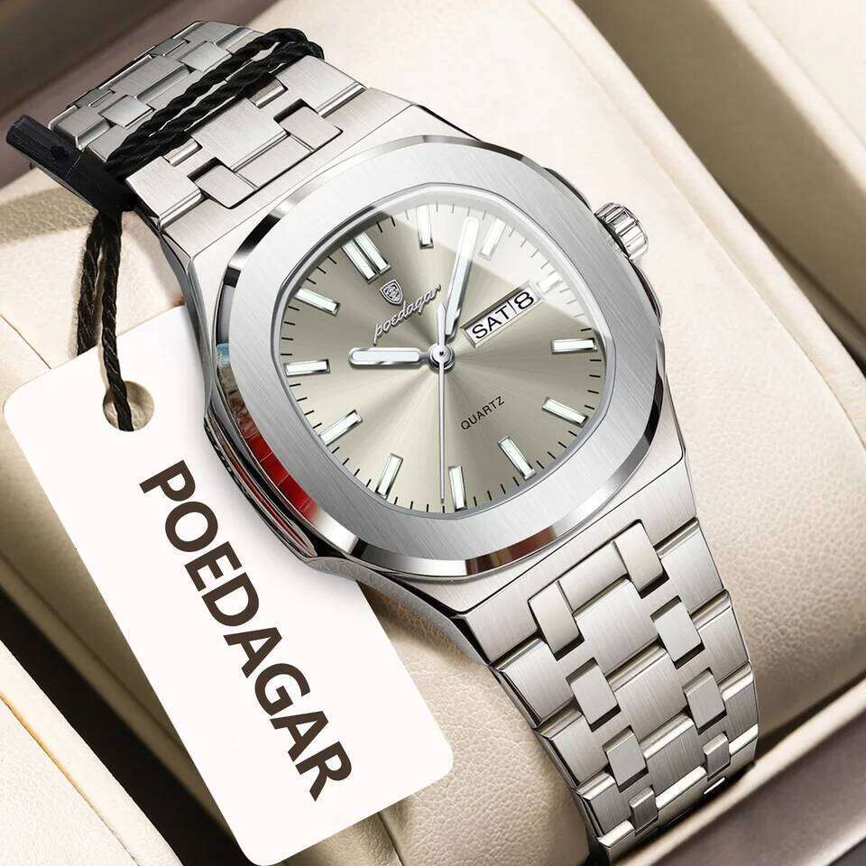 POEDAGAR Square Fashion For Woman Luminous Waterproof Date Week Ladies Stainless Steel Quartz Casual Women's es H260228