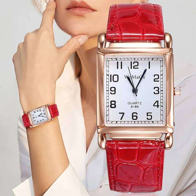 Fashion Women es Metal Rose Gold Square Ladies Quartz Wrist Rectangle Red Leather Female Clock H260228