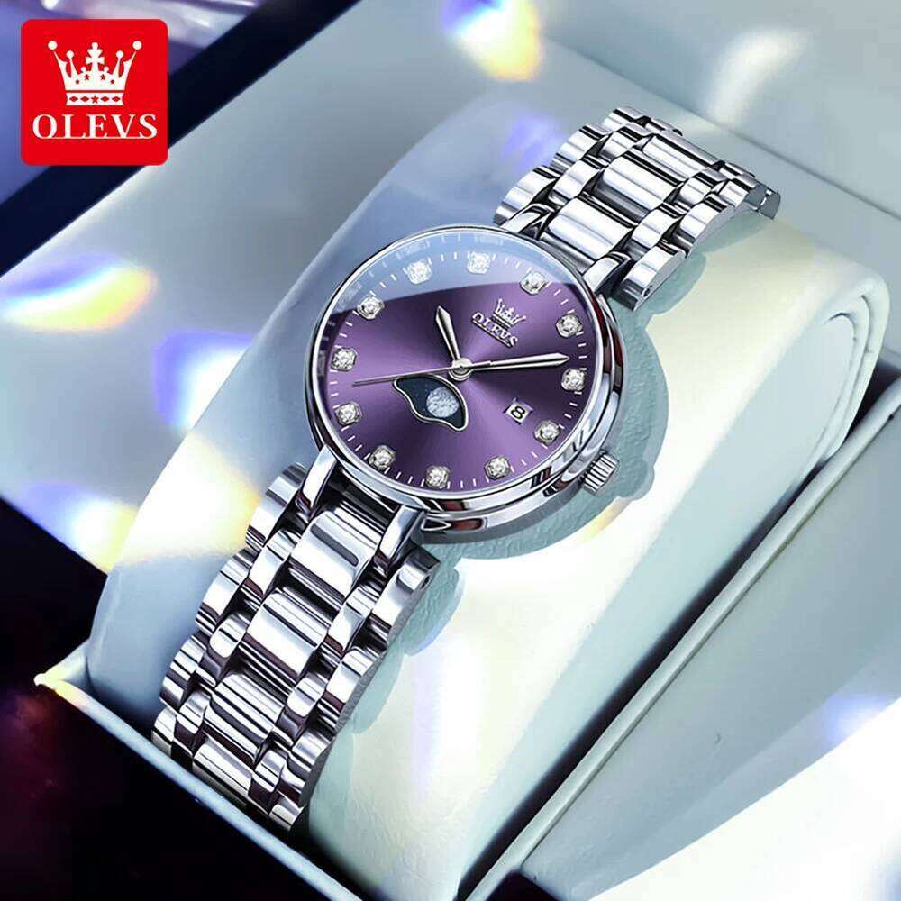 OLEVS Diamond Time Purple Moon Phase Dial es Brand New Fashion Women Quartz Steel Waterproof Dress H260228