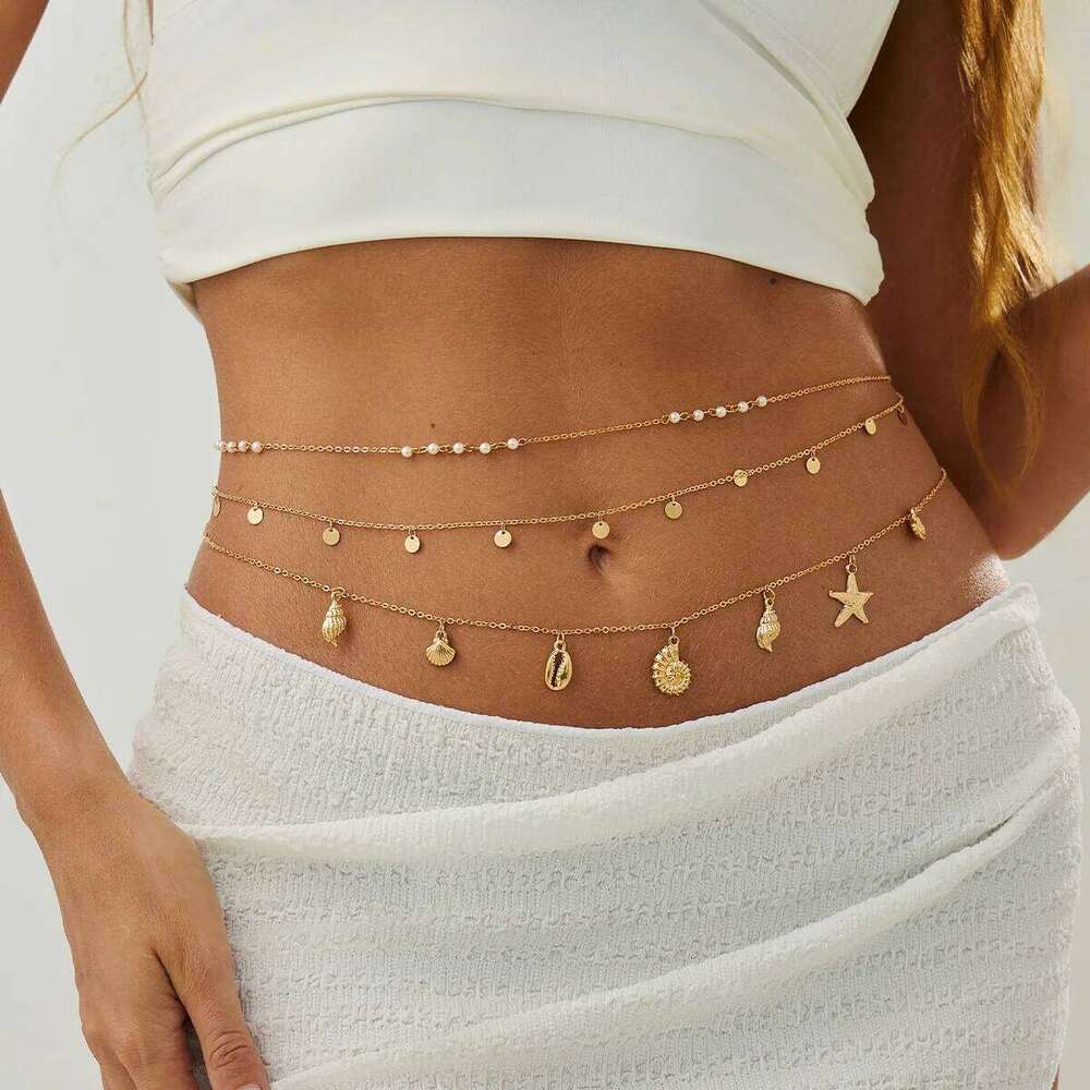Summer Vacation Body Chain Starfish Shell Pendant Waist Jewelry Ins Sexy Beach Goddess Accessories H260228