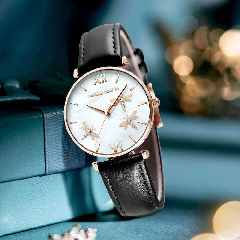 Hannah Martin Fashion Rose Gold Womens Japanese Quartz Movement Casual Leather Strap 3Bar Waterproof Dragonfly Women H260228