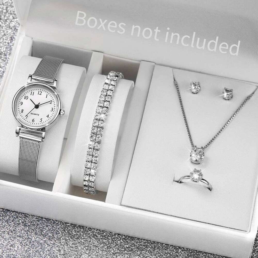 6PCS Women's Fashion Arabic Dial Steel Mesh Band Quartz Diamond Jewelry SetWithout Box H260228
