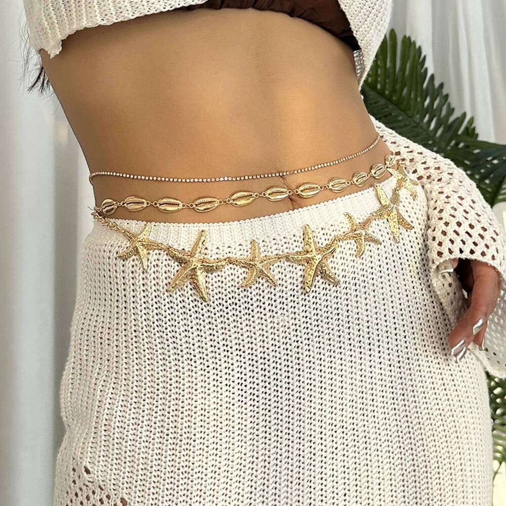 Boho Sexy Fashion Layered Tassel Starfish Waist Belly Women Summer Beach Sea Turtle Conch Shell Pearl Body Chain Jewelry H260228