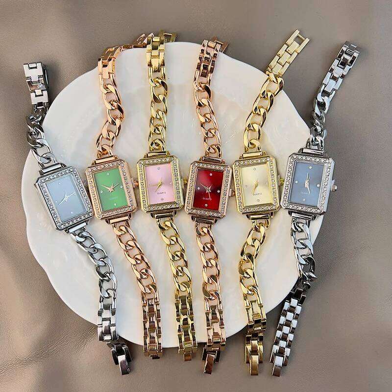 New Rhinestone Rectangular Dial Chain Small Gold Quartz Wristes Fashion Simple Design Girls Clock Gift Relojes H260228