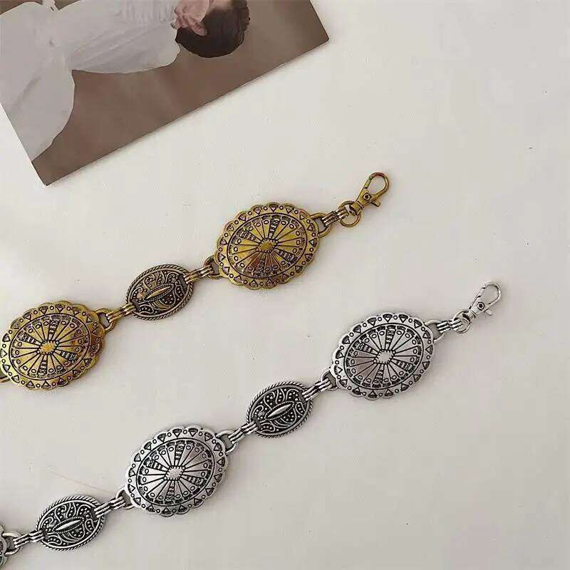 1Pcs Ethnic Style Elliptic Waist Accessories for Women's Retro Bohemian High-End Silver color Chain with Skirt Belt H260228