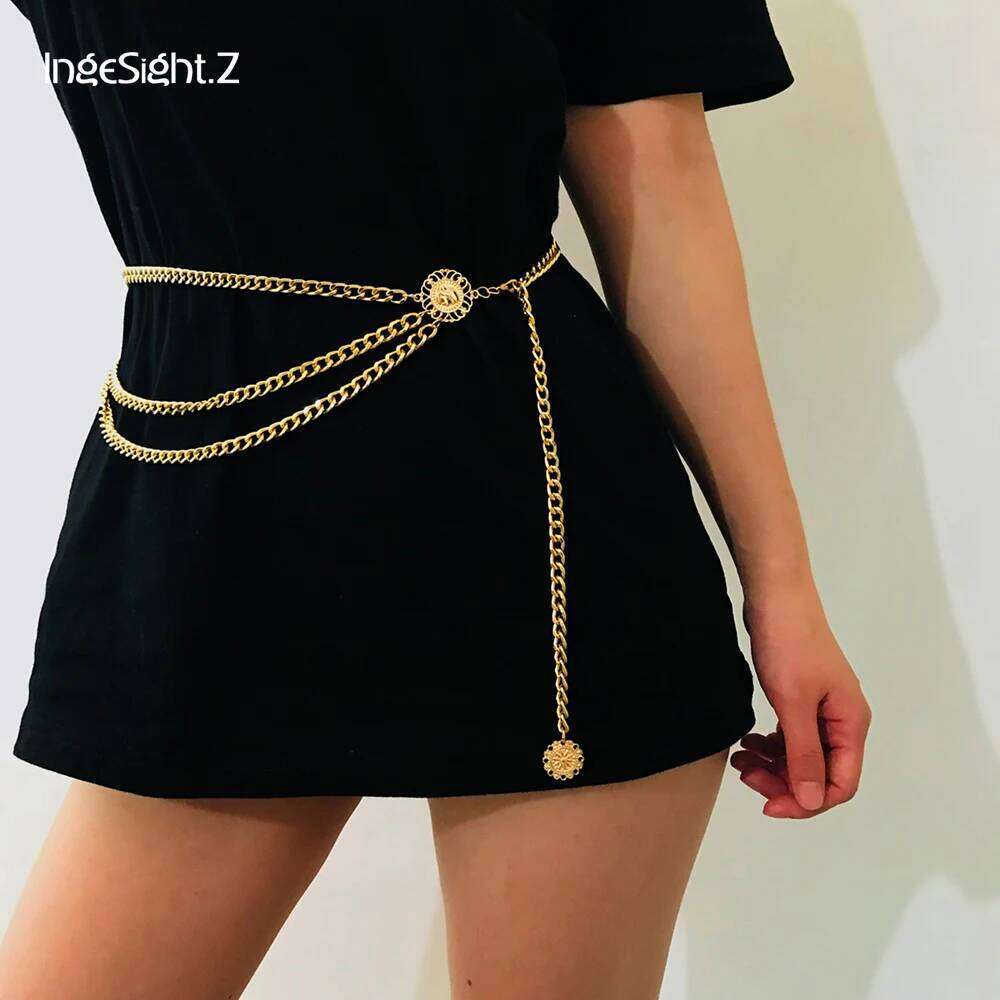 IngeSight.Z Bohemian Retro Style Multilayer Alloy Body for Women Round Pendant Belly Waist Chain Jewelry H260228