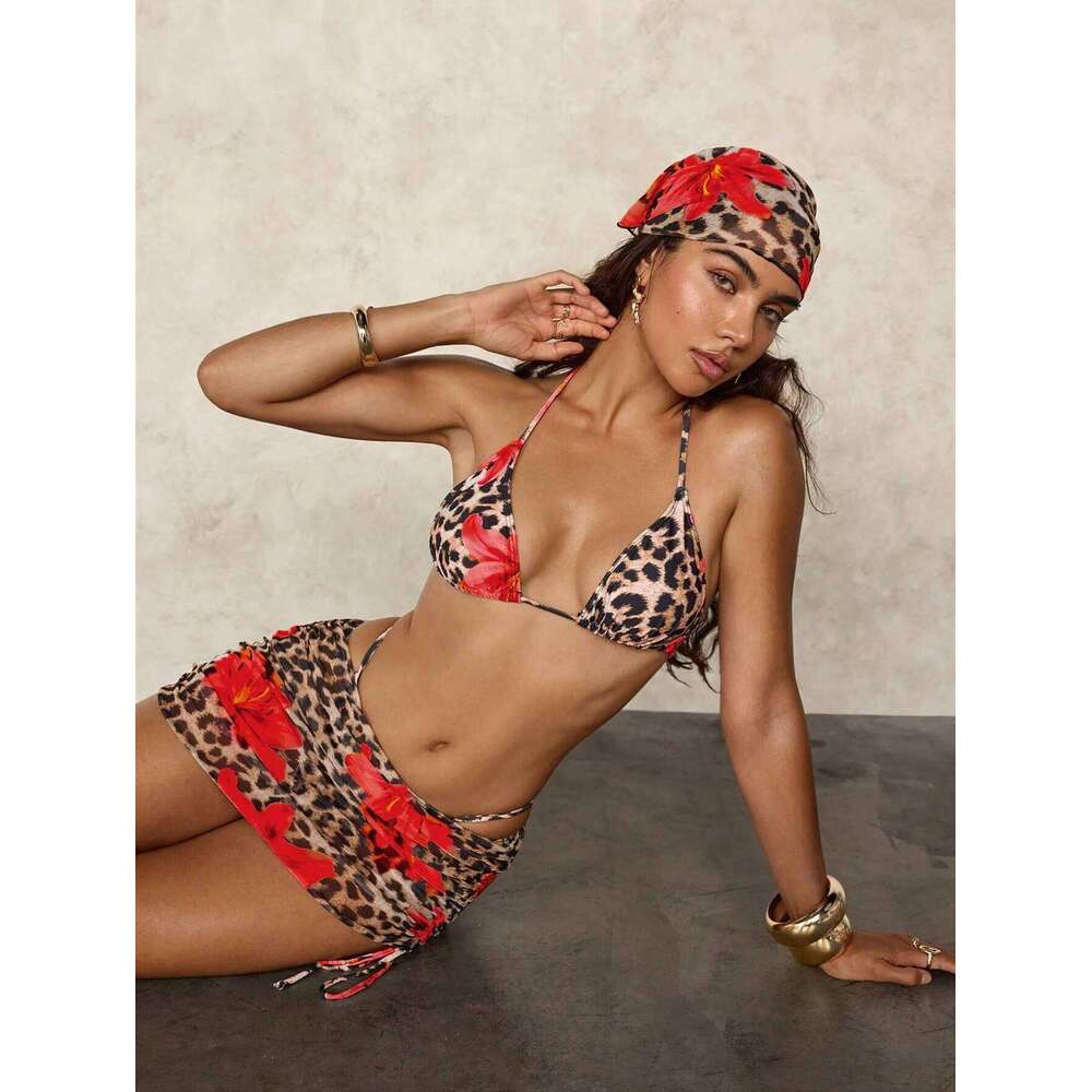 Sexy Pink Floral Leopard Print Bikini 2025 Women Push Up Mesh Skirt Band 4 Piece Swimsuit Beach Bathing Suit Holiday Swimwear Z260301