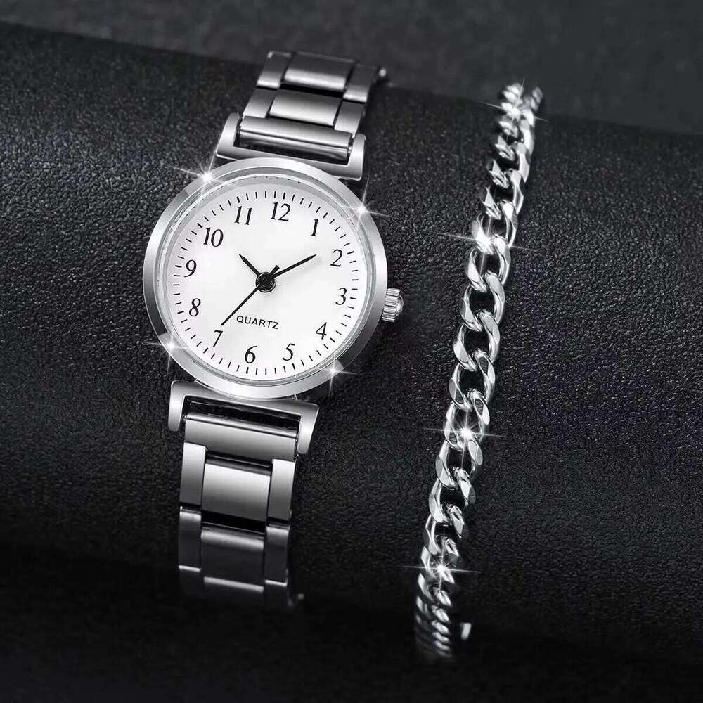 2PCS/Set Fashion Silver Alloy Band Women's Arabic Dial Female Quartz es Chain s SetWithout Box H260228