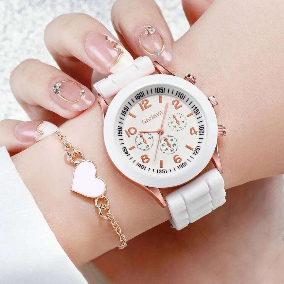 4pcs/set Geneva Fashion Silicone Band Women Quartz es Heart Jewelry SetWithout Box H260228
