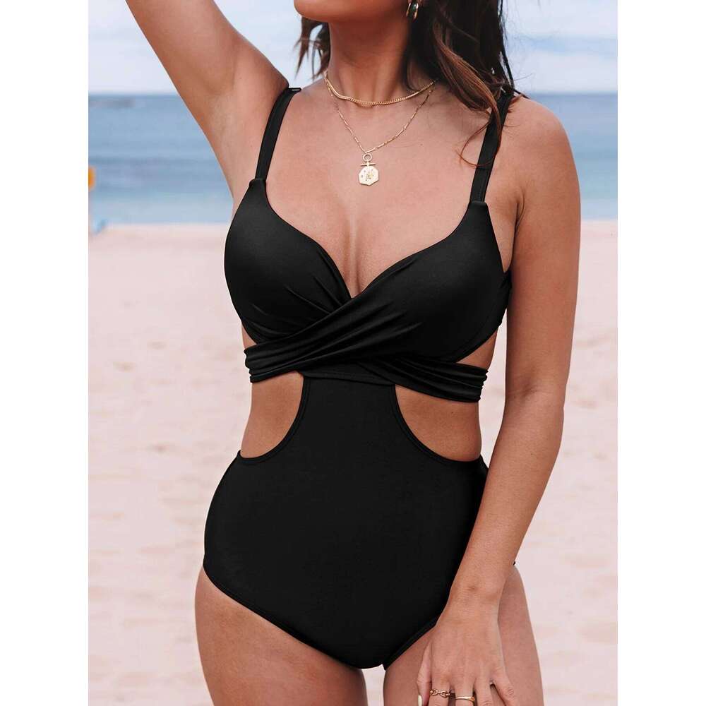 Women's solid-color slim-fit swimsuit, featuring a crisscross deep V cut-out design, fully showcasing elegance and sexiness. Z260301